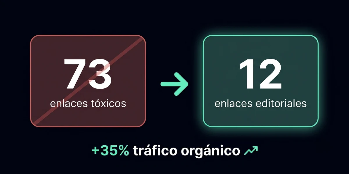 Comparación antes y después de reemplazar 73 enlaces tóxicos por 12 enlaces editoriales de calidad