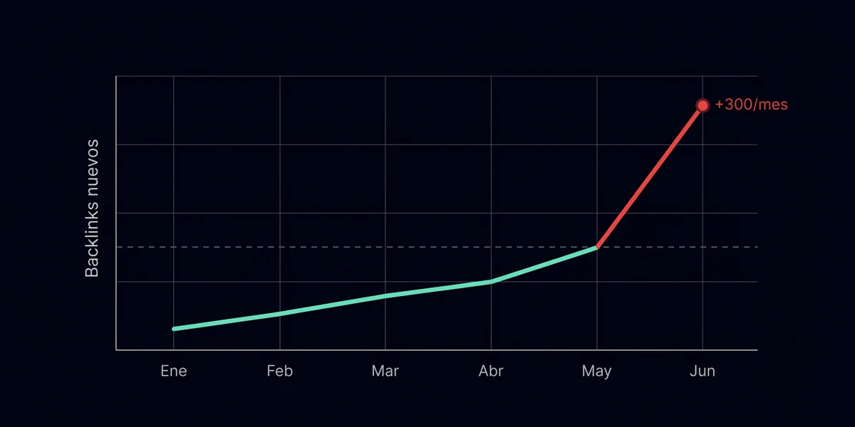 Gráfico de velocidad de adquisición de backlinks con un pico anómalo superior a 300 enlaces por mes